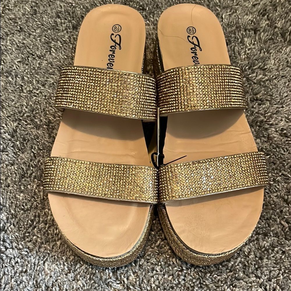 Forever 21 Gold Sparkle Sandals with Rhinestone Straps